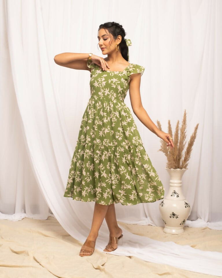 FIORRA Women's Mehandi Green Georgette Floral Printed Dress