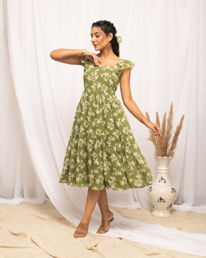 FIORRA Women's Mehandi Green Georgette Floral Printed Dress