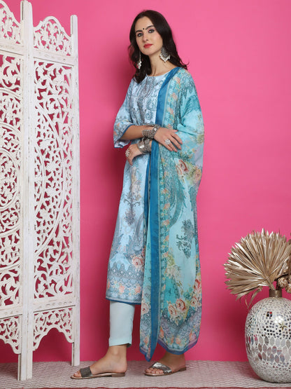 Jyoti Fashion Women's Turquoise Satin Traditional Digital Print with Crystal work Kurta with Trouser & Dupatta
