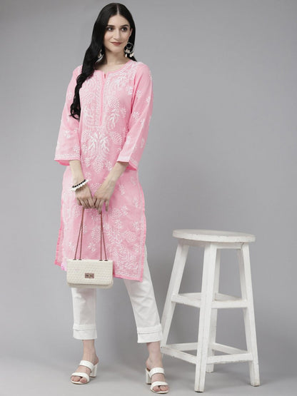 ADA Women Pink & White Ethnic Motifs Embroidered Chikankari Cotton Kurta
