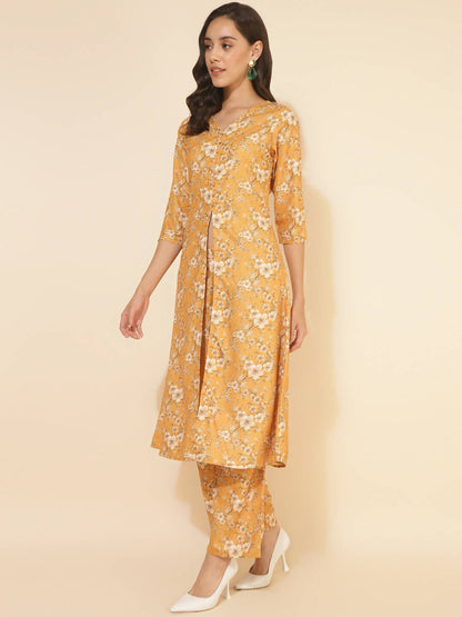Janasya Women's Mustard Moss Floral Printed Casual Front Slit Co-ords
