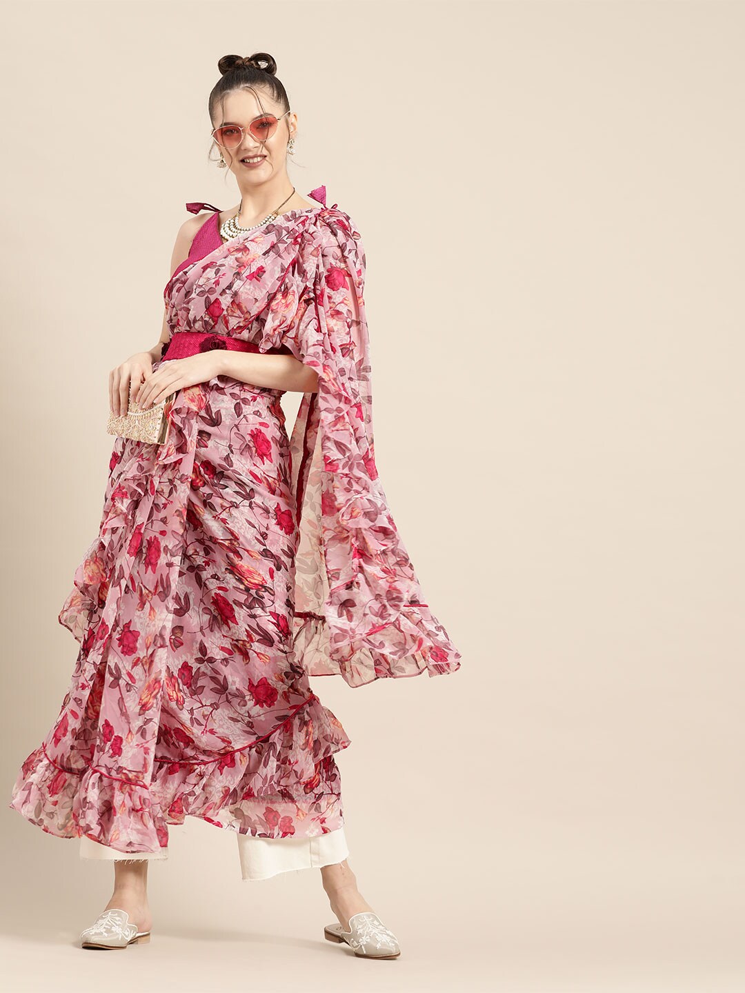 Tikhi Imli Pretty Pink Printed Poly Georgette Saree