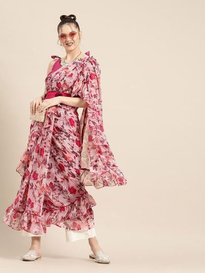 Tikhi Imli Pretty Pink Printed Poly Georgette Saree