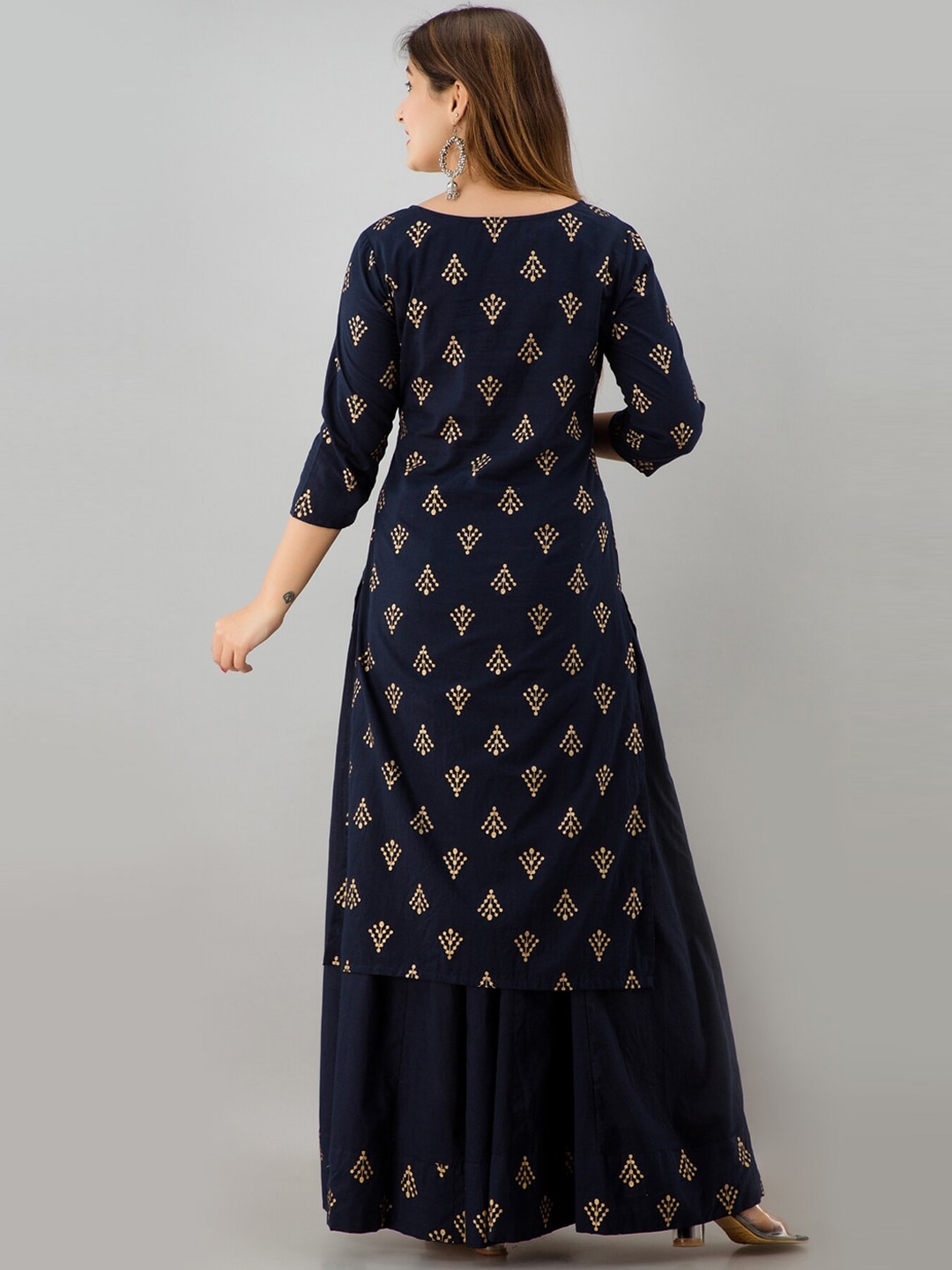 HERE&NOW Navy Blue & Gold-Toned Ethnic Motifs Printed Kurta with Skirt
