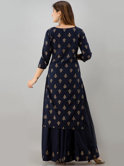 HERE&NOW Navy Blue & Gold-Toned Ethnic Motifs Printed Kurta with Skirt