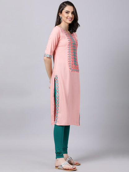 Souchii Women Peach-Coloured & Blue Ethnic Motifs Yoke Design Thread Work Pastels Kurta