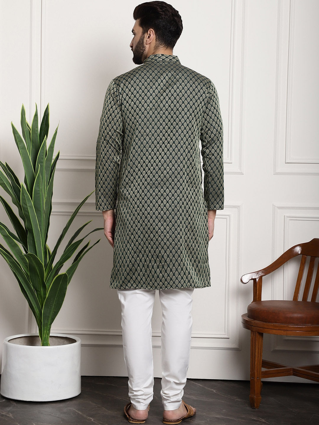 Sojanya Men Green & Off-White Woven Design Kurta with Churidar