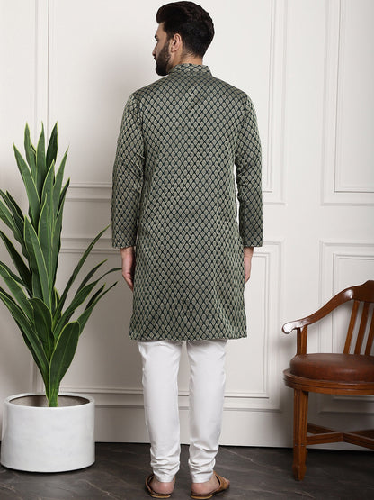 Sojanya Men Green & Off-White Woven Design Kurta with Churidar