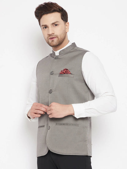 Even Apparels Grey Polyester Men's Nehru Jacket-Contrast Lining-Inbuilt Pocket Square