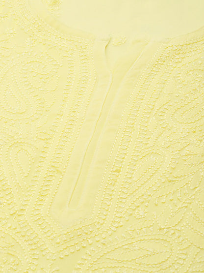 ADA Women Yellow Ethnic Motifs Embroidered Chikankari Georgette Handloom Kurta