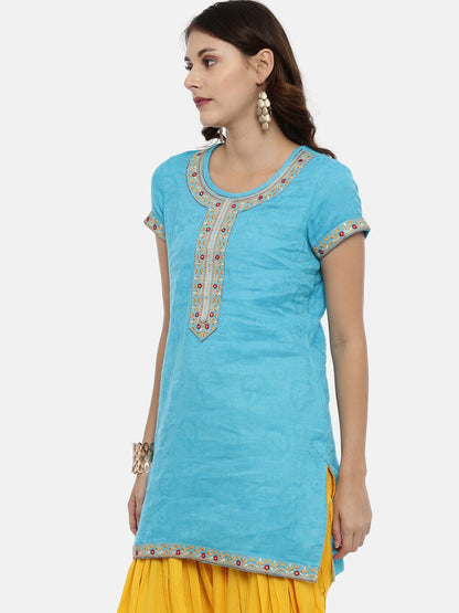 Souchii Blue Yoke Design Jacquard Straight Kurta