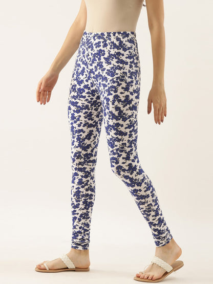Souchii Women White & Blue Printed Slim-Fit Ankle-Length Leggings