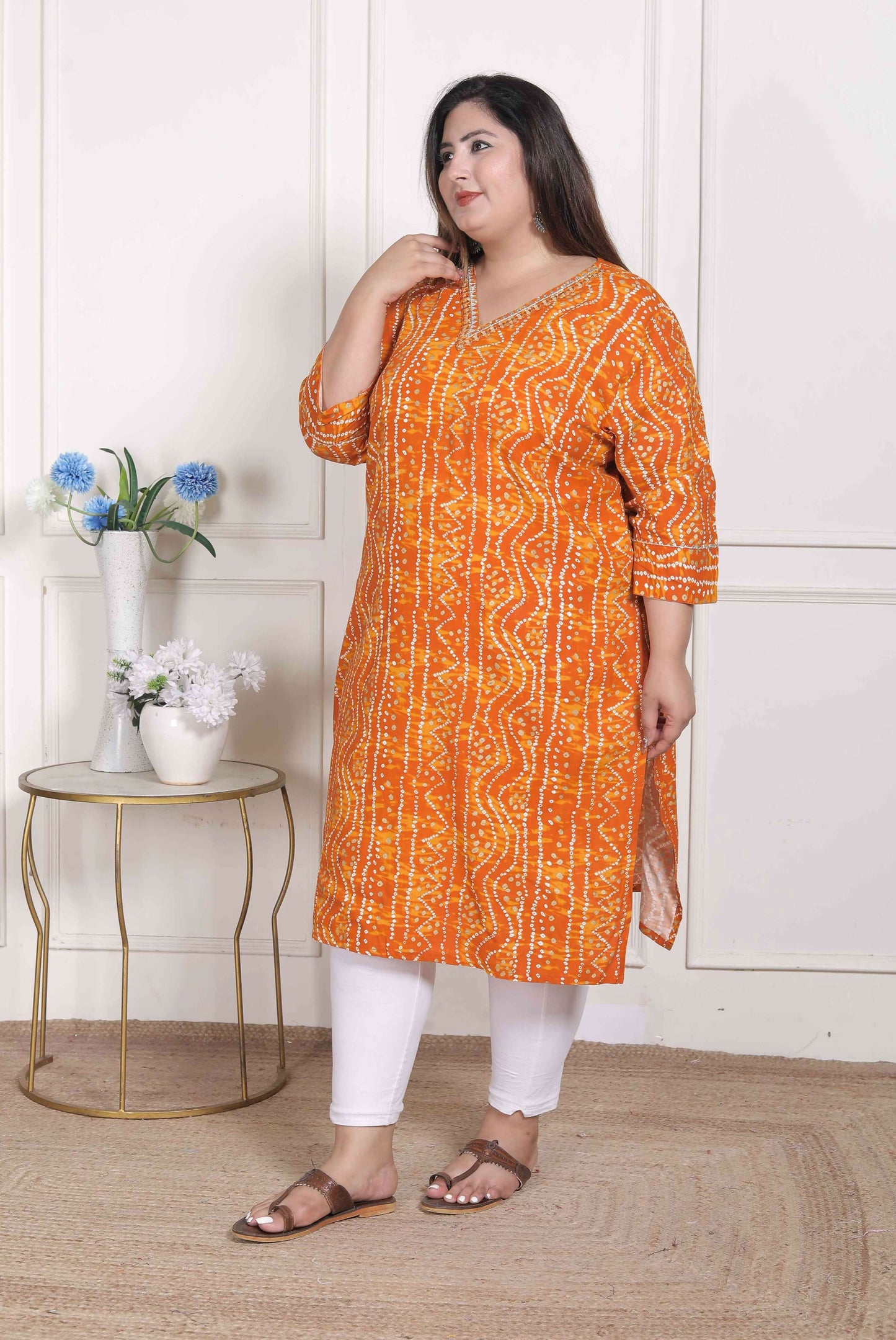 Miravan Women's Plus Size Yellow Bandhani Printed Straight Kurta