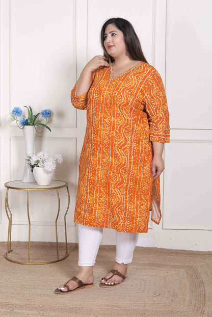 Miravan Women's Plus Size Yellow Bandhani Printed Straight Kurta