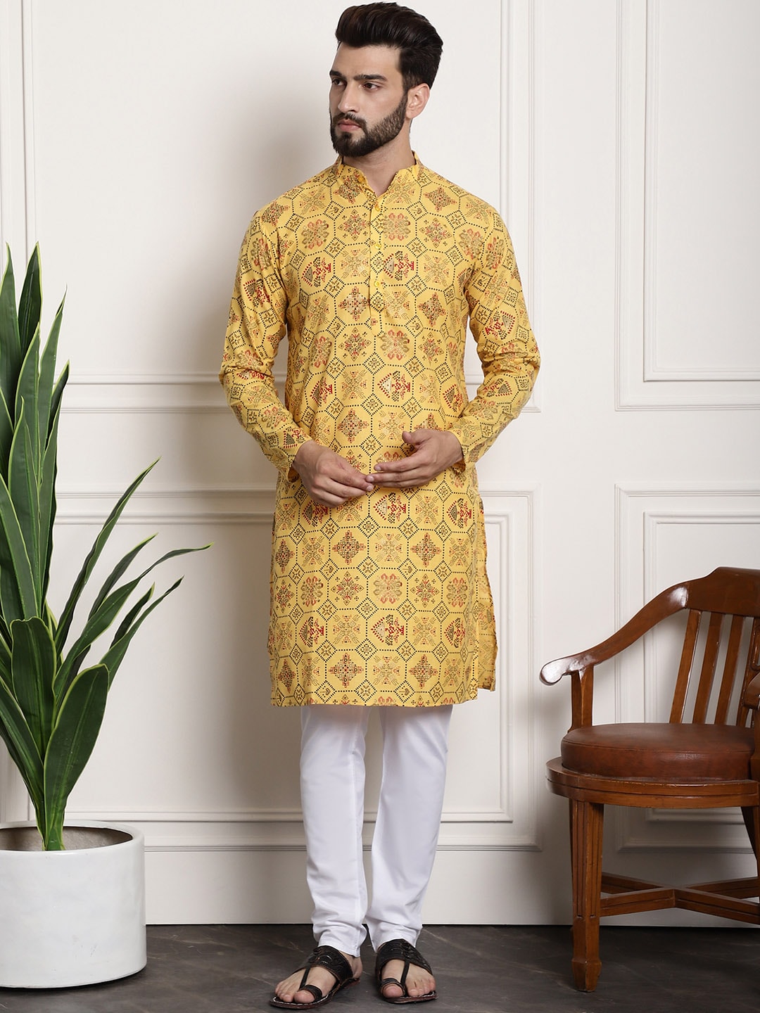 Sojanya Men Yellow Ethnic Motifs Printed Kurta with Churidar