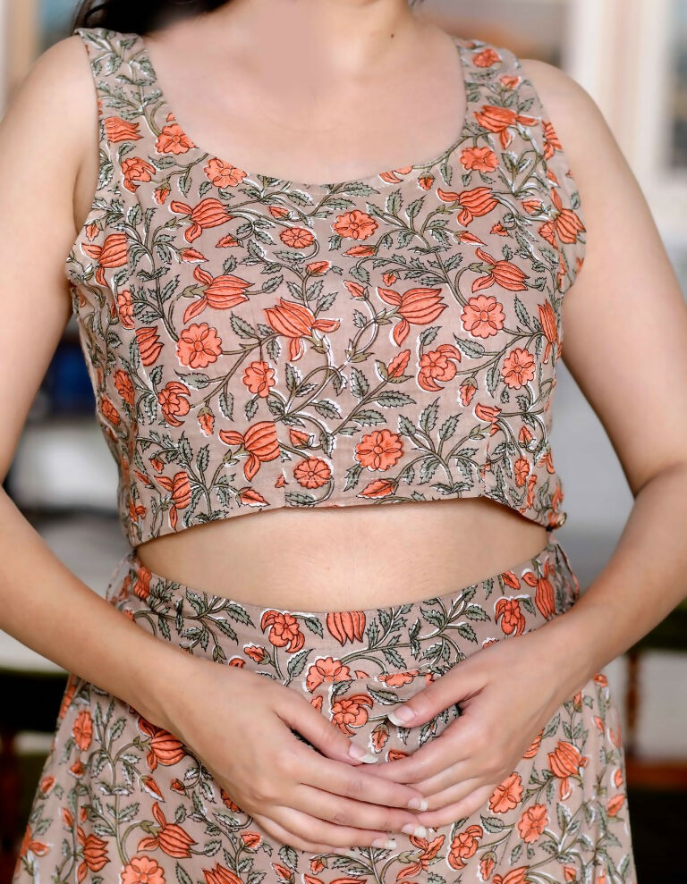 Miravan Women's Brown Floral Printed Crop Top And Skirt Co-Ord Set