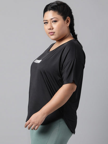 MKH Women Plus Size Typography Printed Drop shoulder Sleeves Dri-FIT Relaxed Fit T-shirt