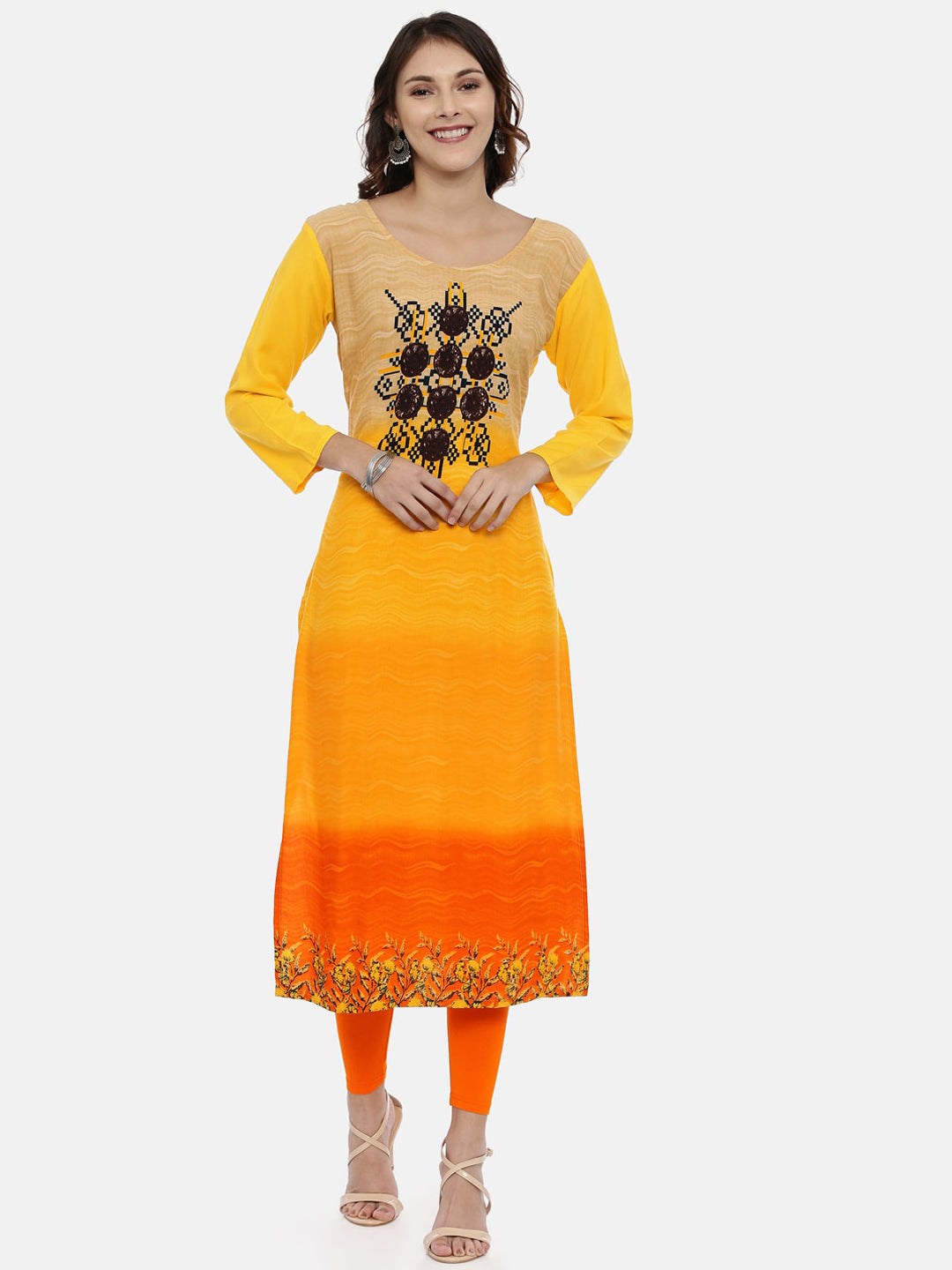 Souchii Women Yellow & Orange Quirky Printed Kurta