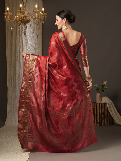 Saree Mall Pink & Gold-Toned Woven Design Zari Silk Blend Bagru Sarees