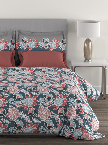 MYTRIDENT Blue Green Floral Cotton 144 TC Queen Bedsheet With 2 Pillow Covers