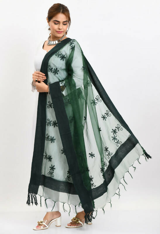 Mominos Fashion Moeza Women's Orgenza All Over Chikan Work Bottle Green Dupatta