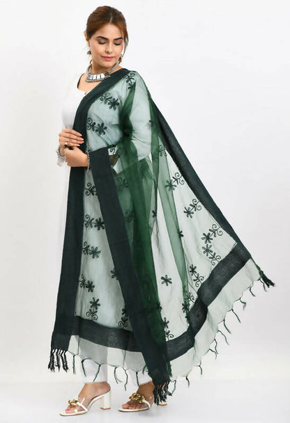 Mominos Fashion Moeza Women's Orgenza All Over Chikan Work Bottle Green Dupatta