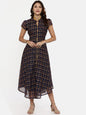 Souchii Navy Blue & Gold Floral Print Fit and Flare Dress
