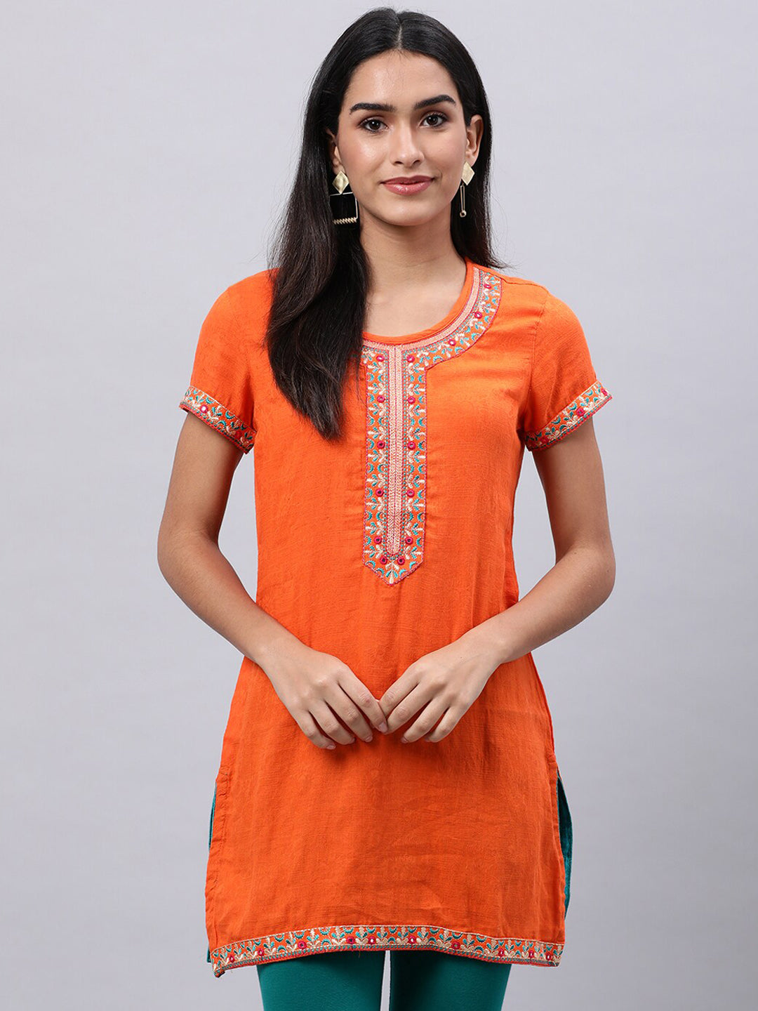 Souchii Orange Floral Embroidered Mirror Work Mirror Work Kurti