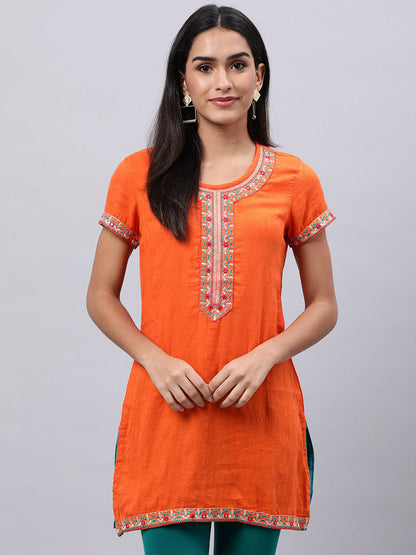 Souchii Orange Floral Embroidered Mirror Work Mirror Work Kurti