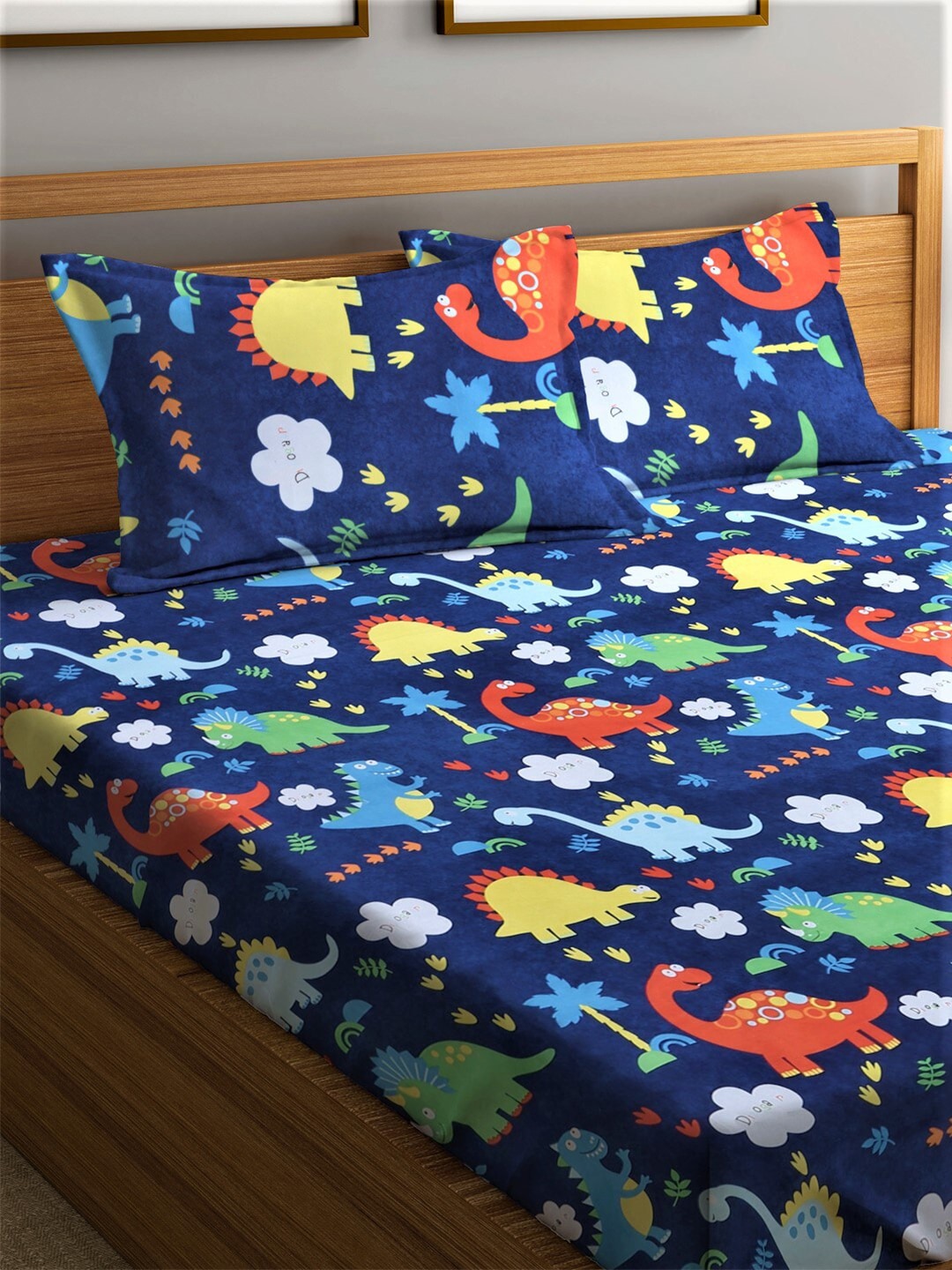 Home Sizzler Blue & Yellow Printed 210 TC Bedsheet with Pillow Covers
