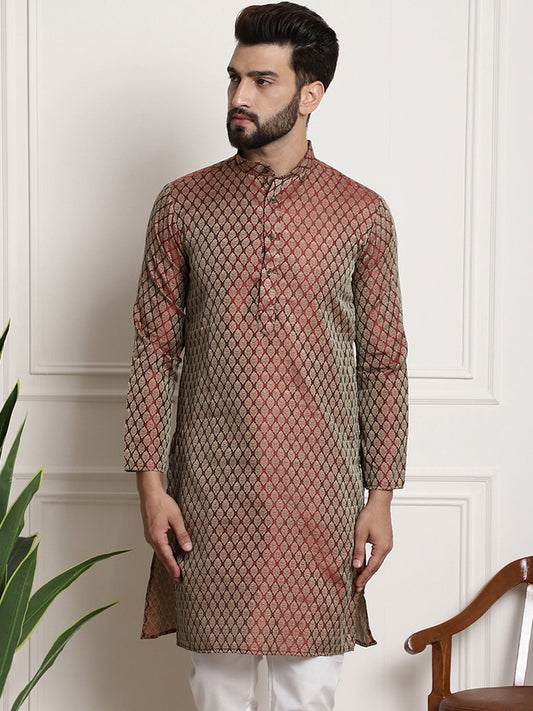 Sojanya Men Maroon & Golden Ethnic Motifs Jacquard Silk Kurta