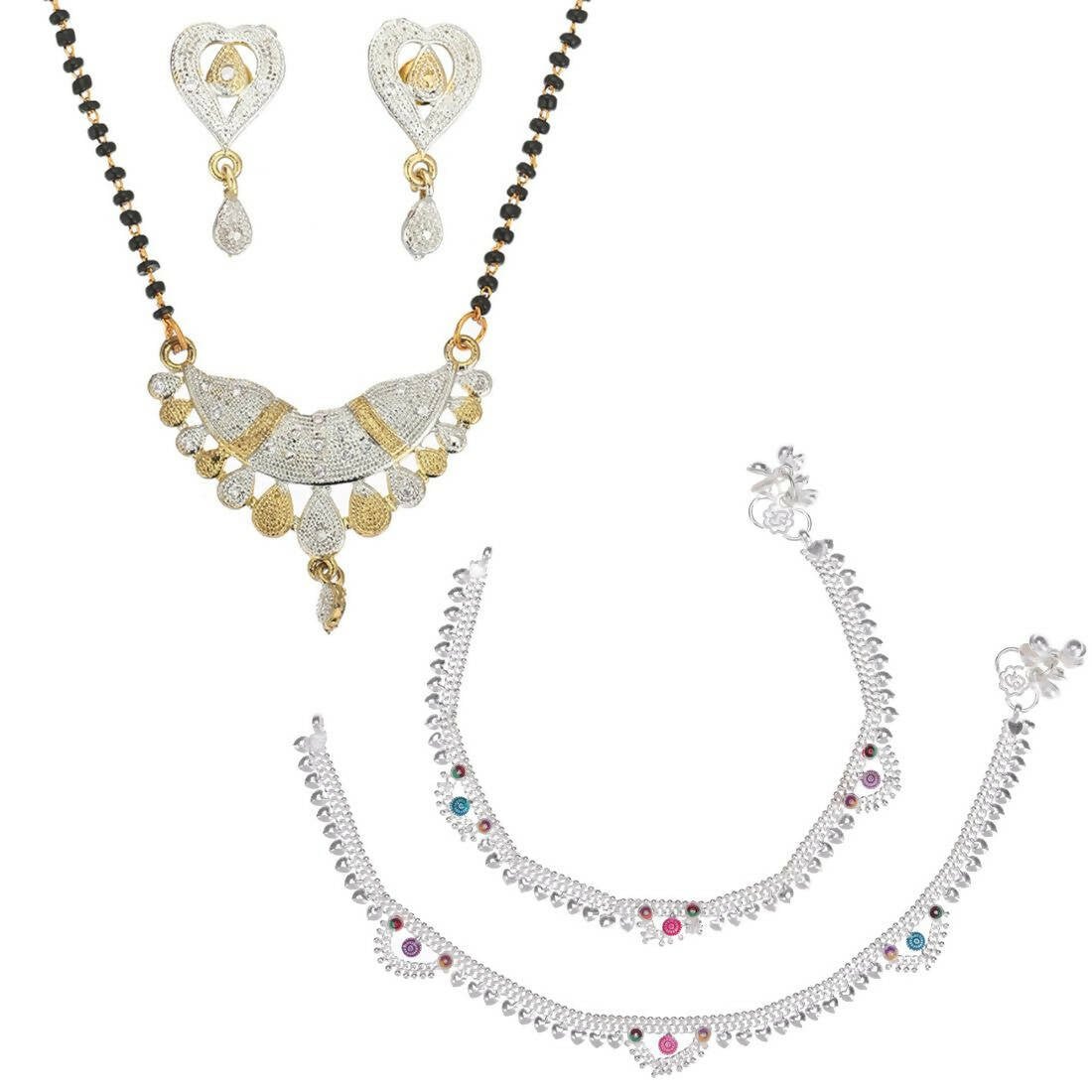 AanyaCentric Gold-Polished Mangalsutra Pendant Earring Set & Silver Plated Anklet