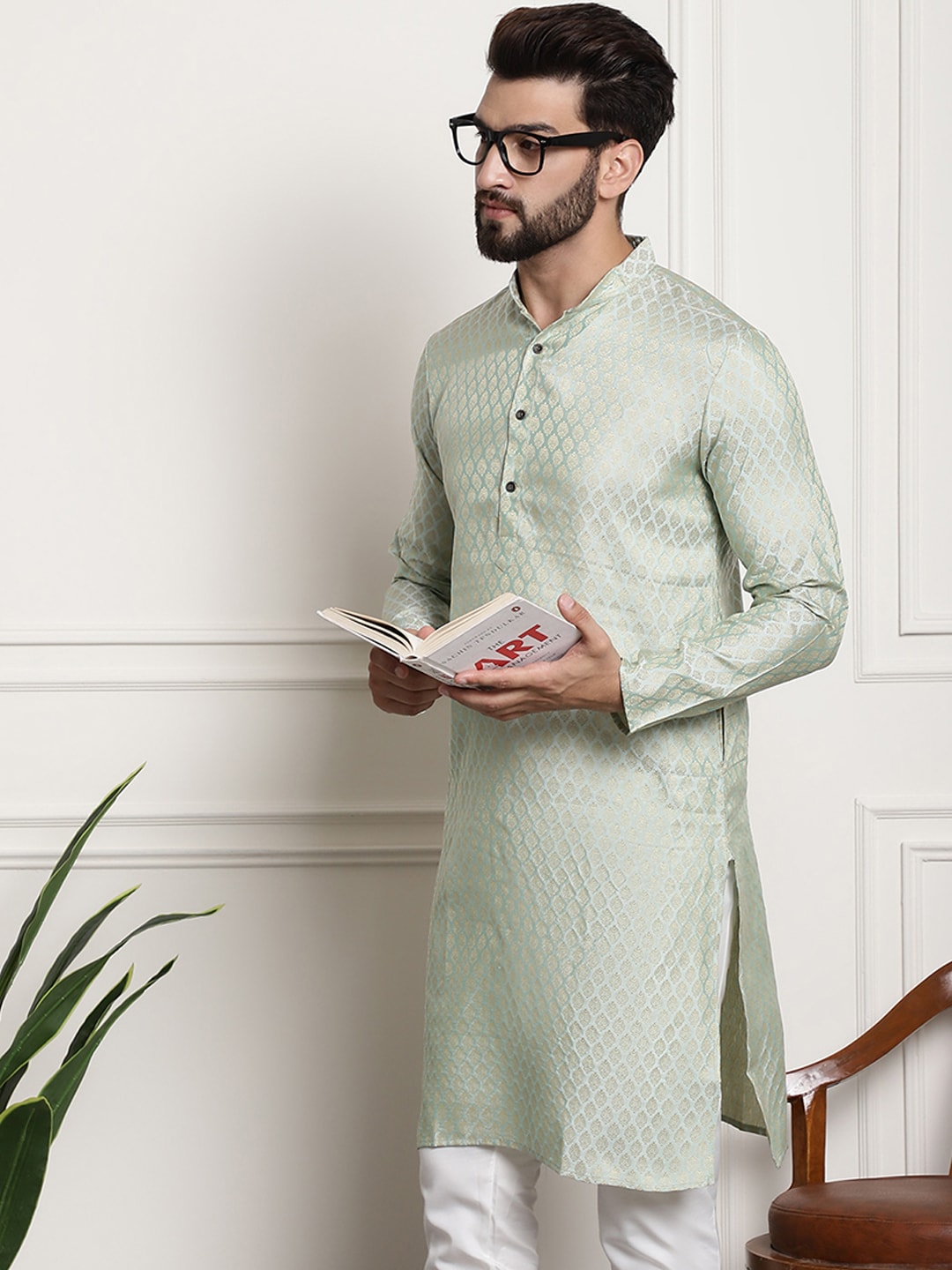 Sojanya Men Green & Beige Ethnic Motifs Jacquard Woven Design Straight Kurta