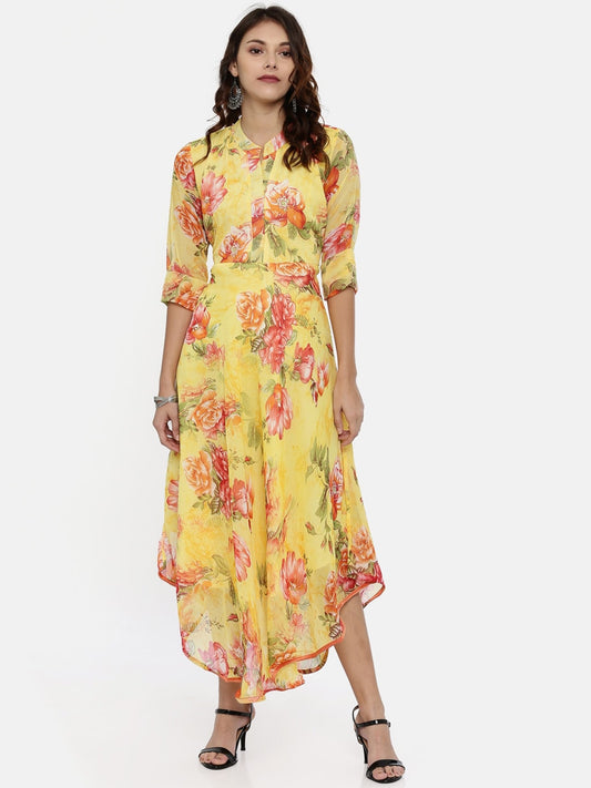Souchii Yellow Printed Maxi Dress