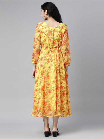 Souchii Yellow Floral Layered Chiffon A-Line Midi Dress