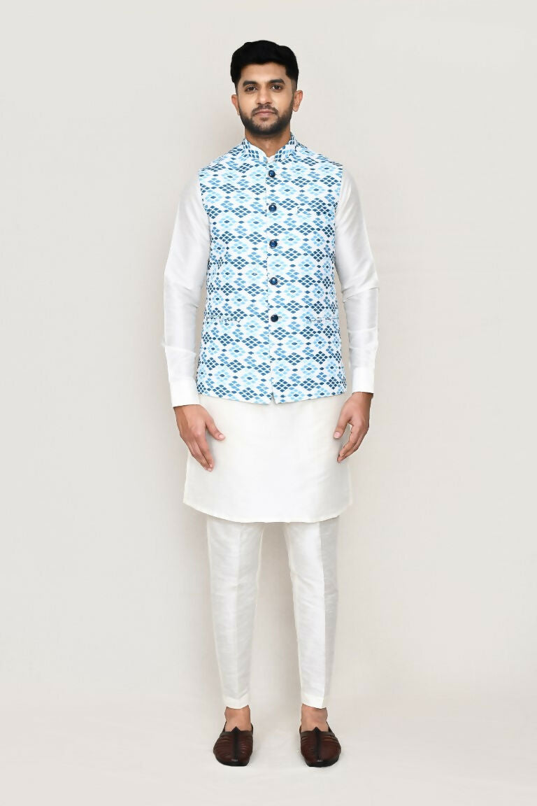 Joban Fashion White Colored Art Silk Fabric Kurta, Jacket With Straight Fit Pant