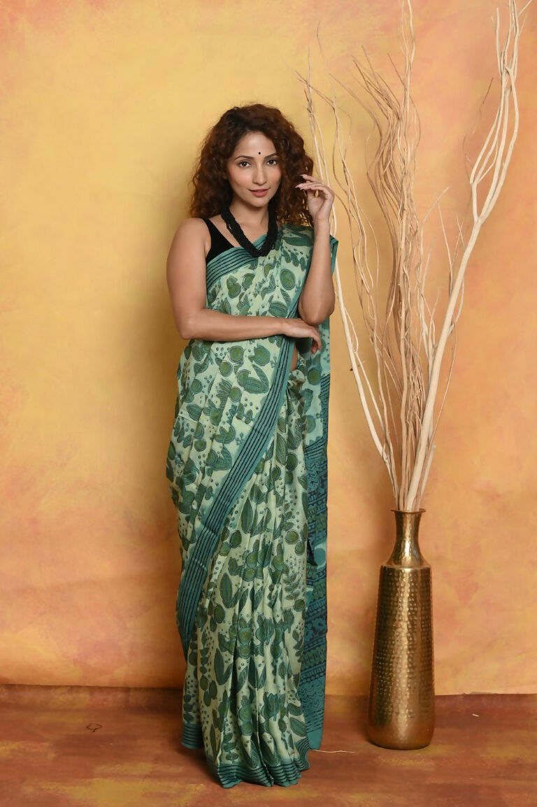Very Much Indian Designer Modal Silk Saree With With Beautiful Floral Print - Sea Green