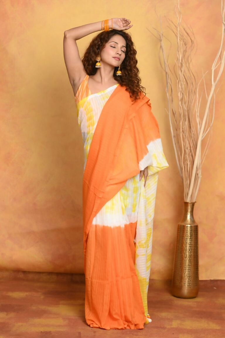 Very Much Indian Tie & Dye Handloom Mul Cotton Saree - Orange Yellow