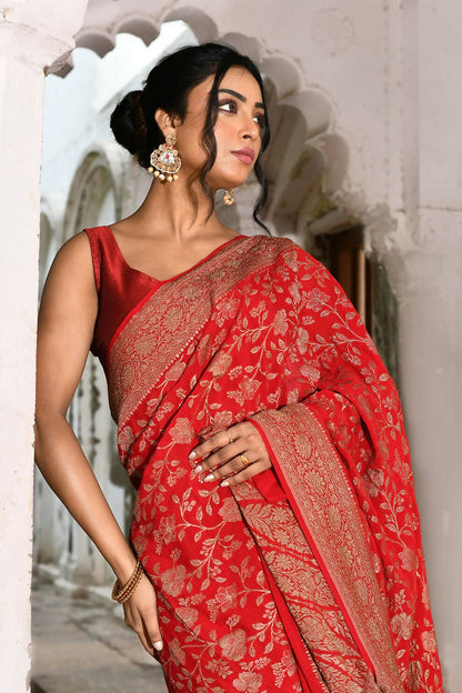 Joban Fashion Red Crepe Chiffon Banarasi Pure Handloom Banarasi Silk Saree