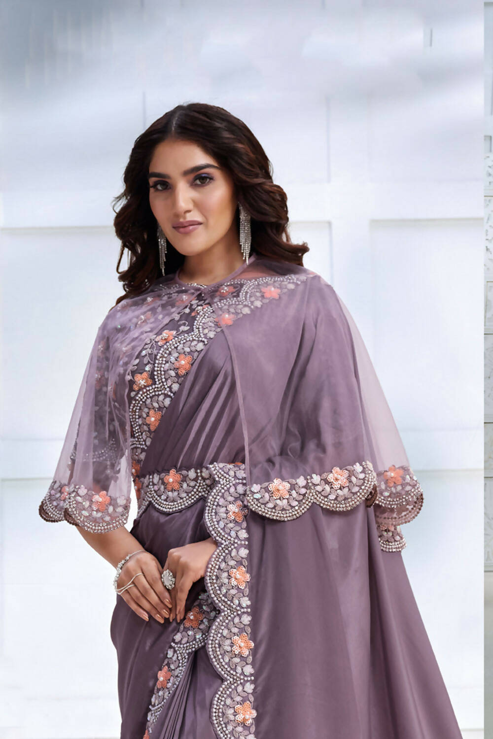 Lavender Crepe satin silk Cord & Sequence Embroidered with Stone work Saree - Mohmanthan Majestica