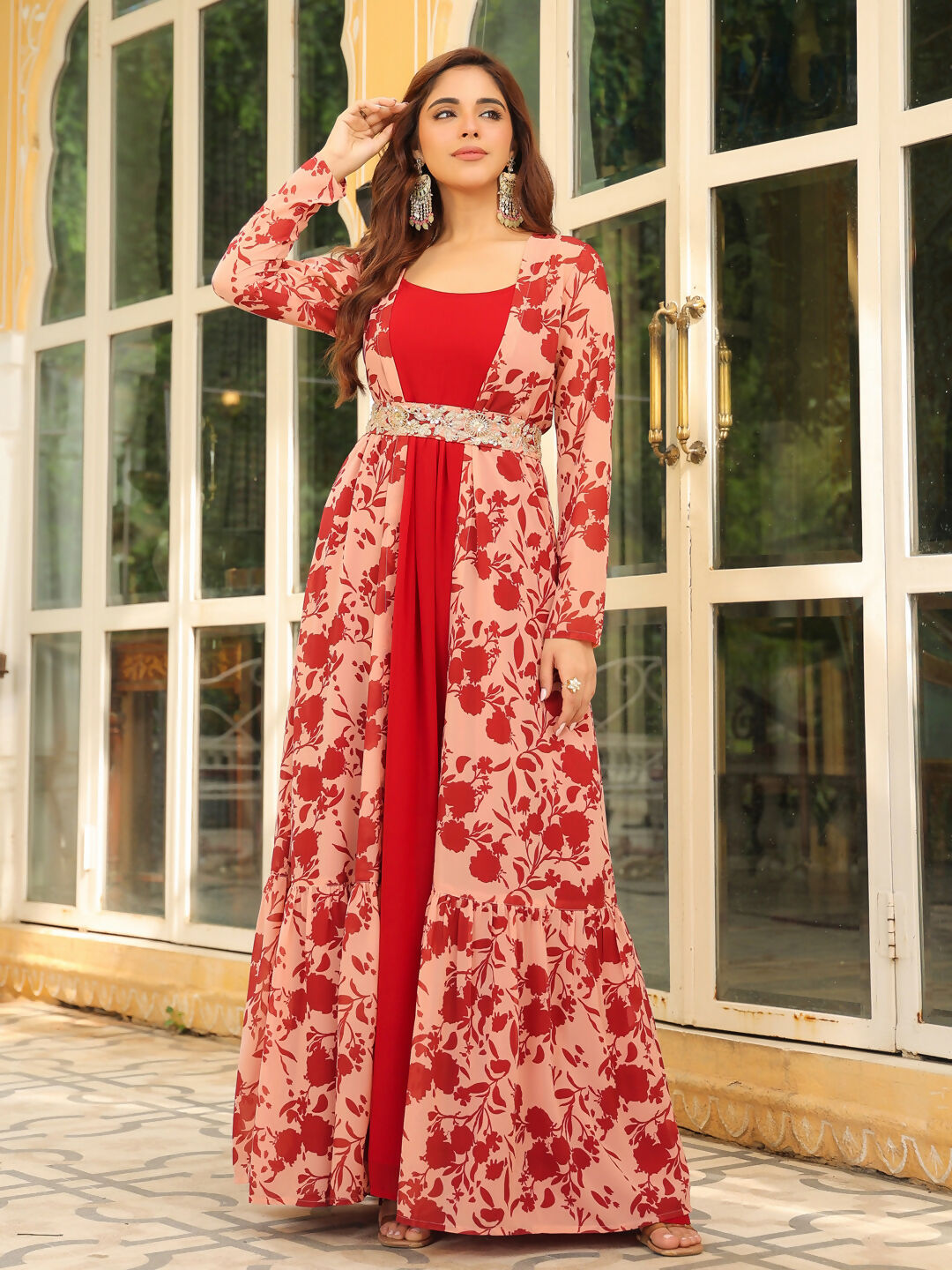 Janasya Maroon Georgette Solid Dress & Jacket