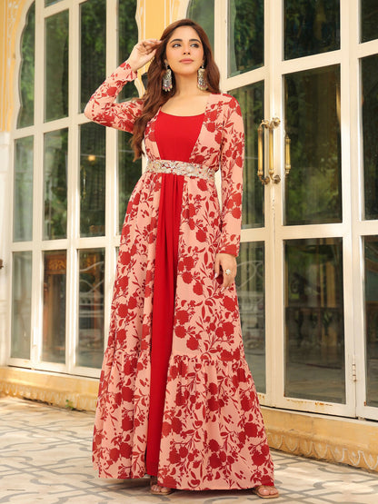 Janasya Maroon Georgette Solid Dress & Jacket
