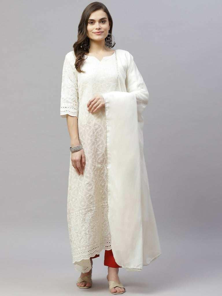 Miravan Women's Beige Embroidered Chikankari Kurta & Dupatta