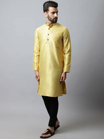 Even Apparels Yellow Color Art Silk Banarsi Silk Men's Kurta With Band Collar (BS017)