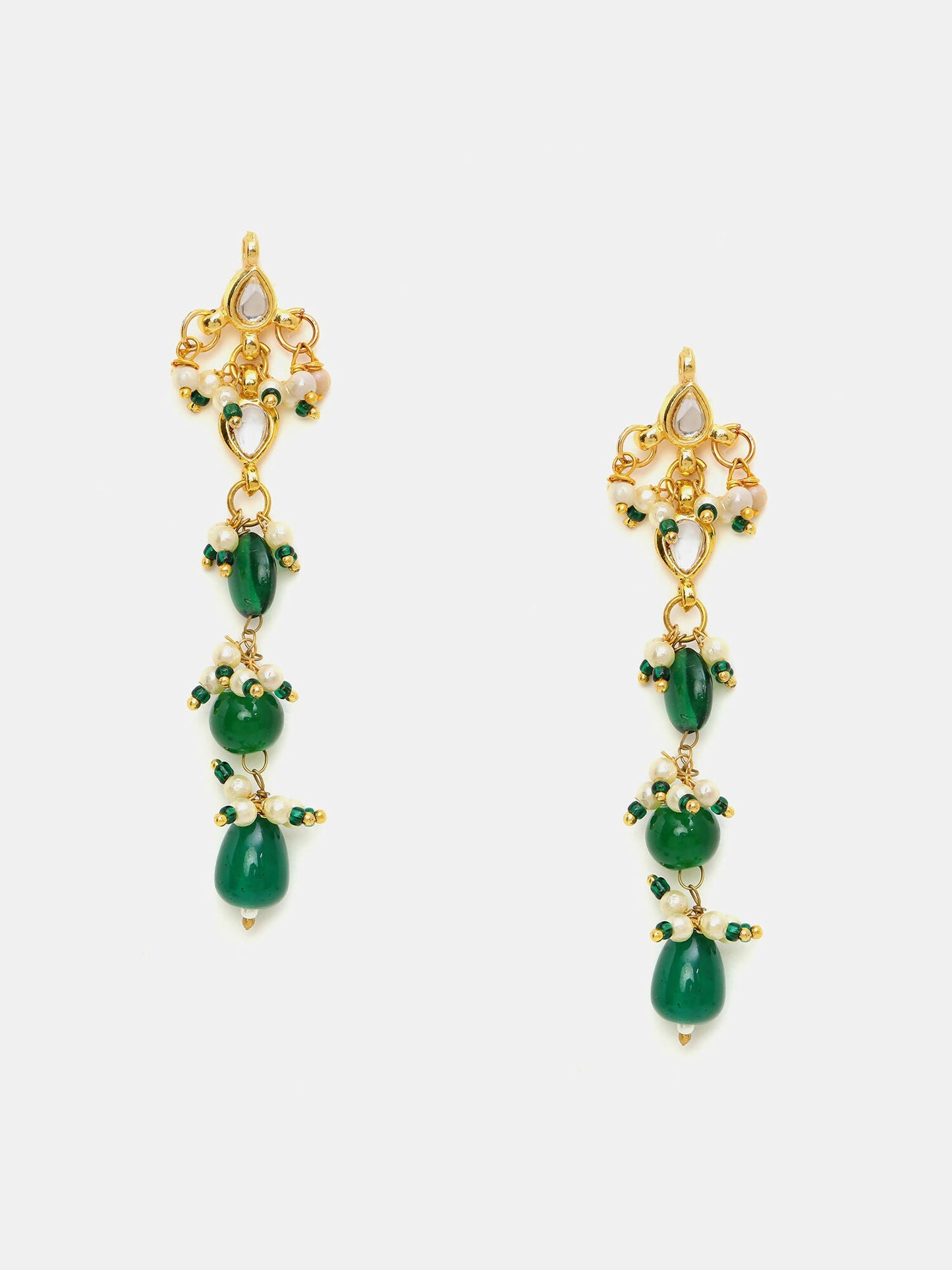Ruby Raang 22k Gold Polished Long Kundan And Emerald Earrings