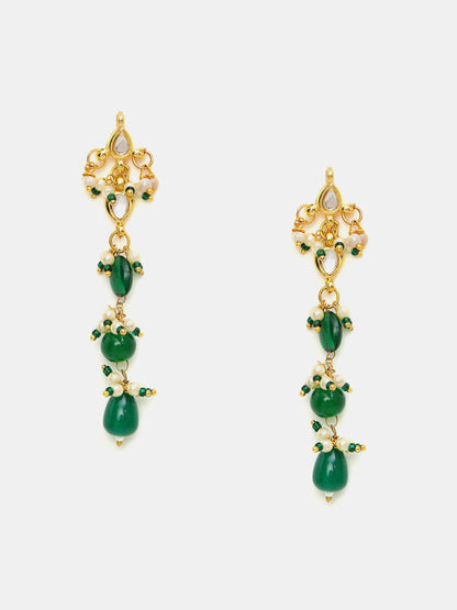 Ruby Raang 22k Gold Polished Long Kundan And Emerald Earrings