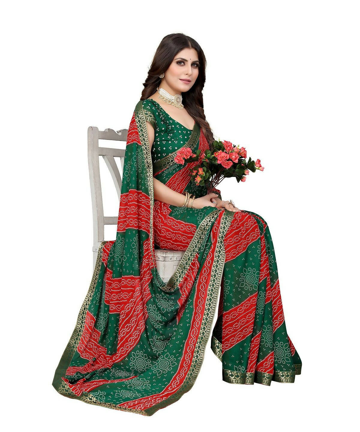 Vamika Green Georgette Printed With Lace Saree (MANYA GREEN RED)