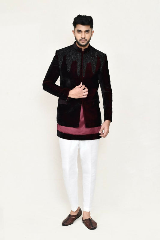 Joban Fashion Maroon Colored Satin Silk Fabric Open Prince Coat, Kurta With Straight Fit Pant