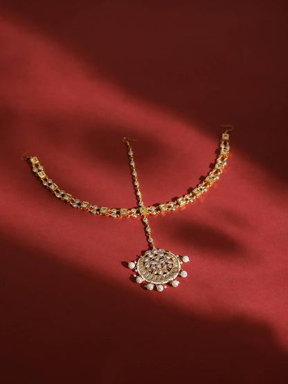 Gold-Polished White Kundan-Studded Pearl Beaded Matha Patti - Ruby Raang