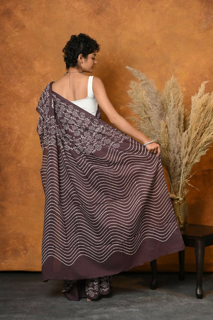 Very Much Indian Handblock Printed Cotton Saree With Natural Dyes - Brown